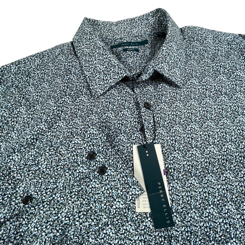NWT Perry Ellis Stretch Men XXL Micro Floral Print Button Down Blue Dress Shirt